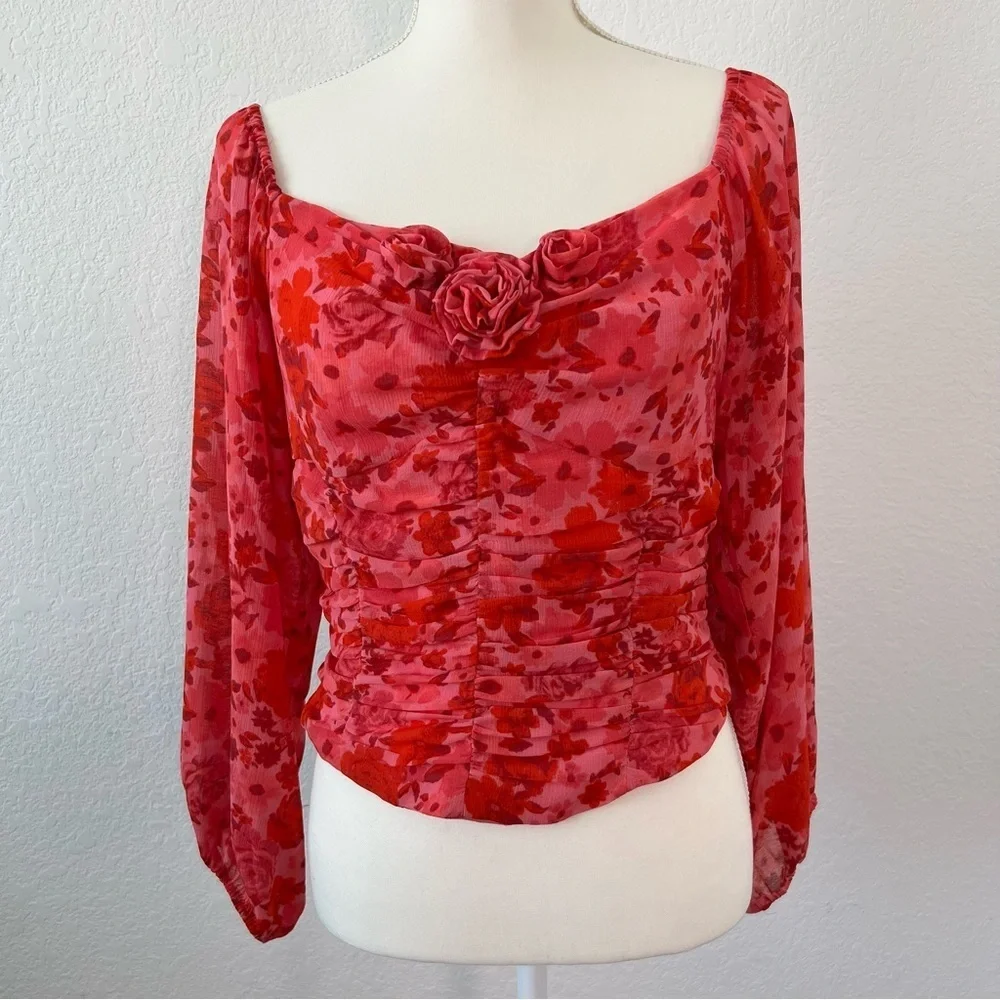 Free People Oh‎ Lala Red Pink Floral Top Size Large